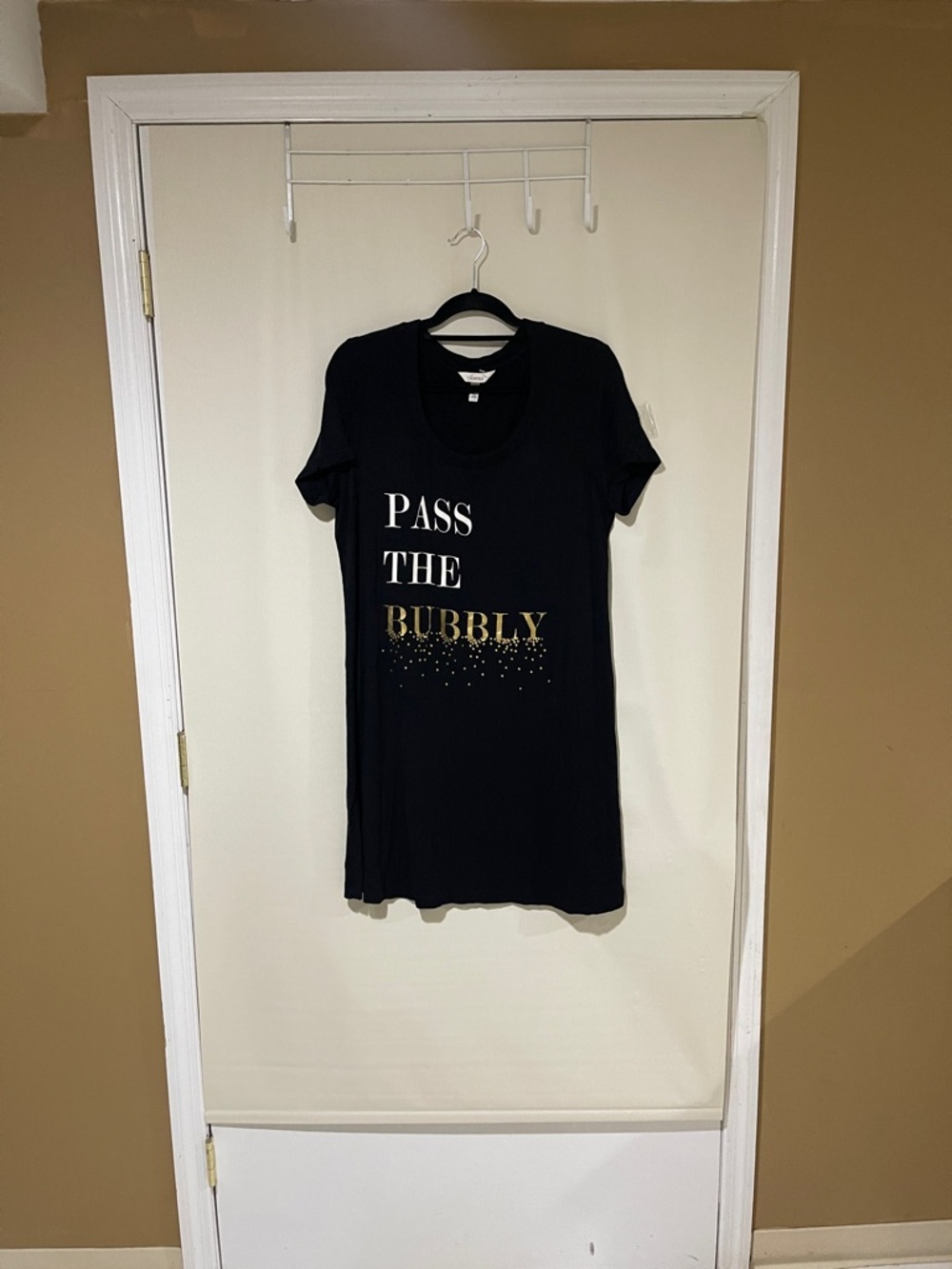NWOT Soma Black Tee with Gold Foil 'Pass the Bubbly' Size Large